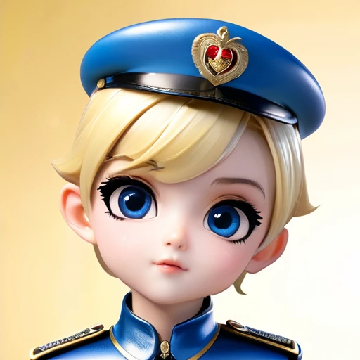 prince、blonde、 very short hair、big eyes、small、cute、青いヘルメット、 shiny blue leather military uniform、3d