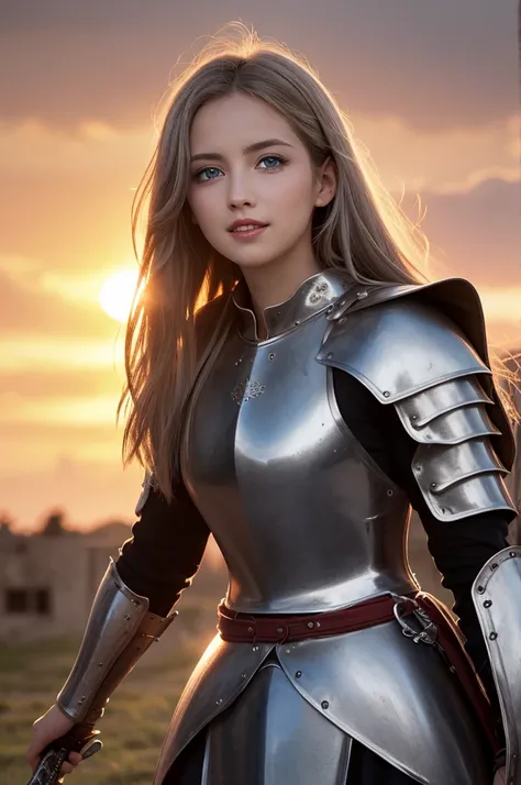 
((masterpiece)), ((best quality)), (ultra-detailed), ((kawaii)), cute, (lovely), ((extremely detailed)), 4K, (8K), best quality, (beautiful), illustration, brave female, outstretched arms, warrior in medieval armor, standing on a battlefield, a sword in h...