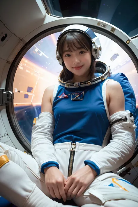 (smile)、(((staring at the audience)))、((spaceman in space suit sitting in spaceship cockpit)),wear spacesuits, 白いdressed in an a...