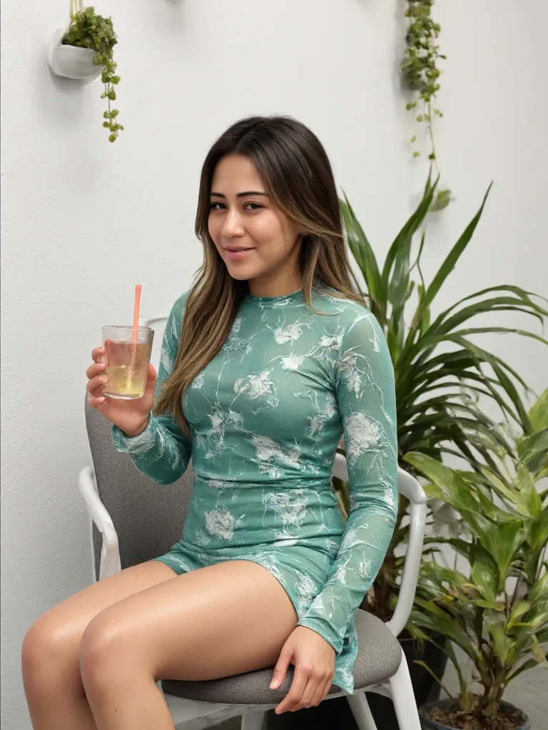 there's a woman sitting in a chair holding a drink, vine dress, beautiful lady, my industry guillen , julia fuentes, skin photo,...