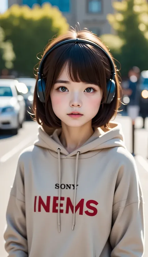 sonyの headphonesを着用している:1.5、 headphones、 one girl playing pranks、Magical Girl、 COMPLETE ANATOMY、 small face、Fuller lips、Brown Hair、Distinctive hairstyle、A look of doubt、Modern hoodie、 knee socks、(((Blurred Background、Street Corner、day々View of)))、 inverted ...
