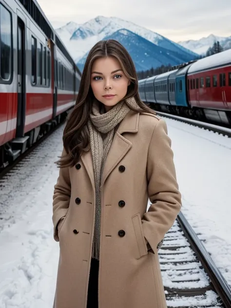  A woman in a long coat , pretty, blue eyes, piel Blanca, very light brown hair, rounded face,  small nose , fleshy cheekbones ,  remembers actress Ornella Muti when she was young ,  in the background you can see a train march and more in the background hi...