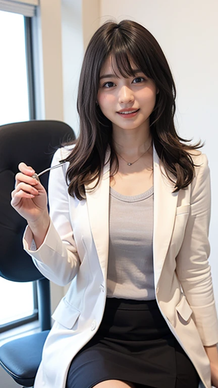 Female doctor in a white coat,１Woman、(Smile face:1.1)、Slim face、The most beautiful woman in the world、with detailed face、Detailed eyes、double eyelid、Kamimei、perfect teeth、Perfect tooth alignment、(glistning skin)、(Sun-kissed skin)、(real looking skin)、Blurre...