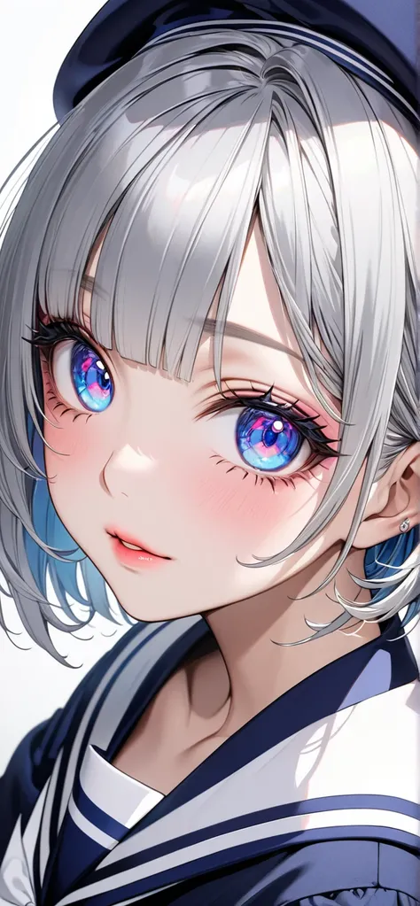 Ultra high resolution, rich colors, perfect image, top quality, detailed image, beautiful woman, glowing skin, texture of skin and clothes, delicate eyes, white background, sailor uniform, gyaru makeup (((silver bob hair))), blue eyes