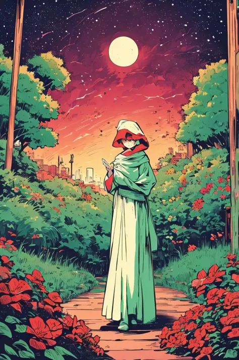 anime girl、passenger costume green color、closed garden、red flowers、an astronomical sky、a boy looking through a window 、with whit...