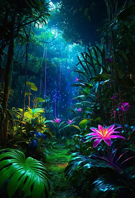 色とりどりのオーラと胞子を持つmagicの花, in the jungle. magical. magic. neon. realist.