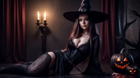 the halloween girl against the background of the ghost of yokai and red lights is very sexy , beautiful witch clothes against th...