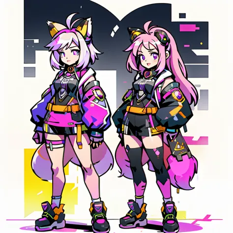 anime-style image of  (((two girls with fox ears and purple eyes ))) and pink and yellow hair with an open mouth,  conceptual ar...