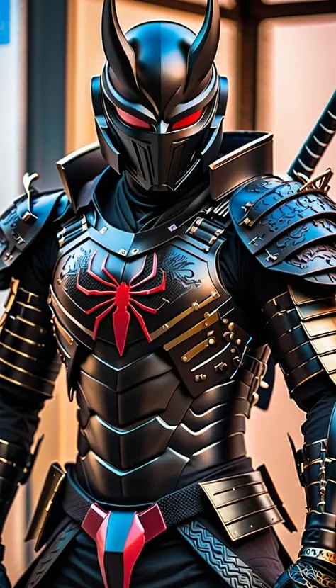 Samurai in black suit with sword and katana, shining eyes looking down from above, mechanical cyborg samurai, samurai armor from Cyber ​​Japan, cyberpunk samurai, very beautiful cyberpunk samurai, Spiderman in full samurai armor, biomechanical ninja samura...