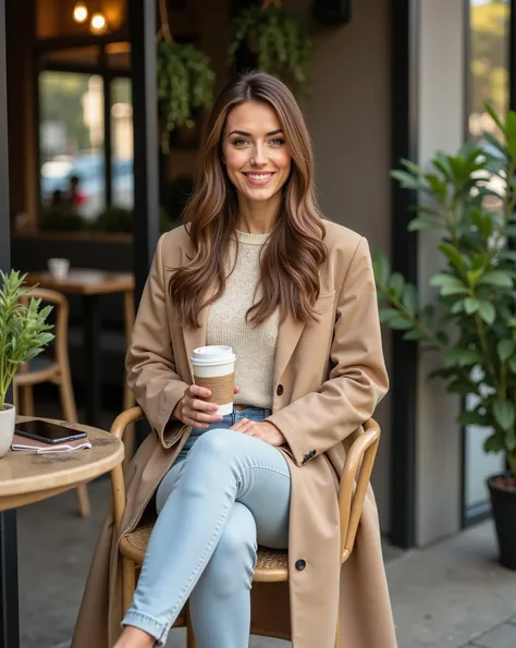 Gaia influencer in her 20s or 30s is sitting outdoors at a stylish city café with lush plants and soft lighting. She’s wearing a long beige coat, an oversized cream-colored sweater, light skinny jeans, and fashionable ankle boots. Her hair is long, wavy, a...