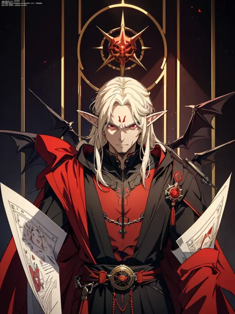 an old man is the demon king,  long black hair, straight hair, brown skin,  long bangs , elf ears, narrow red eyes, smirking fac...