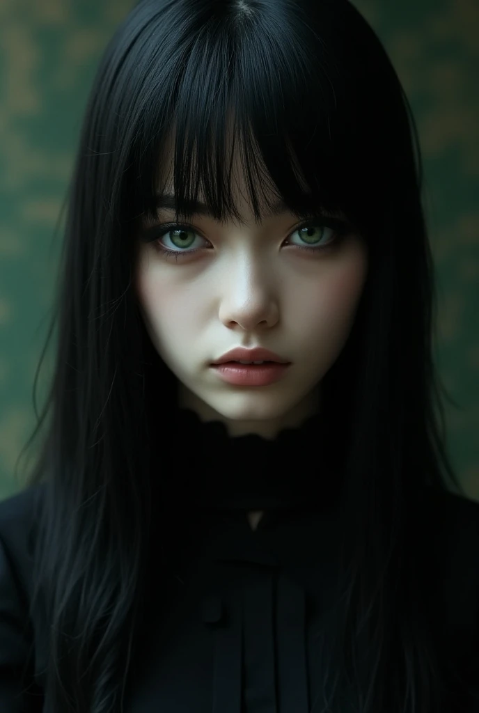 a young woman . Your hair is black, smooth and shiny, long and wavy,  with a fringe divided in half that frames her face,  falling softly on the sides .  Her eyes are green and penetrating . Your skin is very pale,  physiognomy . Her features are angular ,...