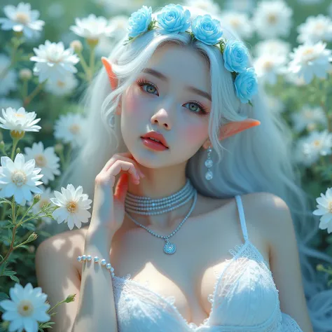  A Korean woman with a fair complexion white hair and model physique, sky blue flower crown , She has elf ears, light blue glitter makeup , Her body has glitter ,  light blue diamond necklace ,  big breasts , gently stroking her neck with one hand,  white ...