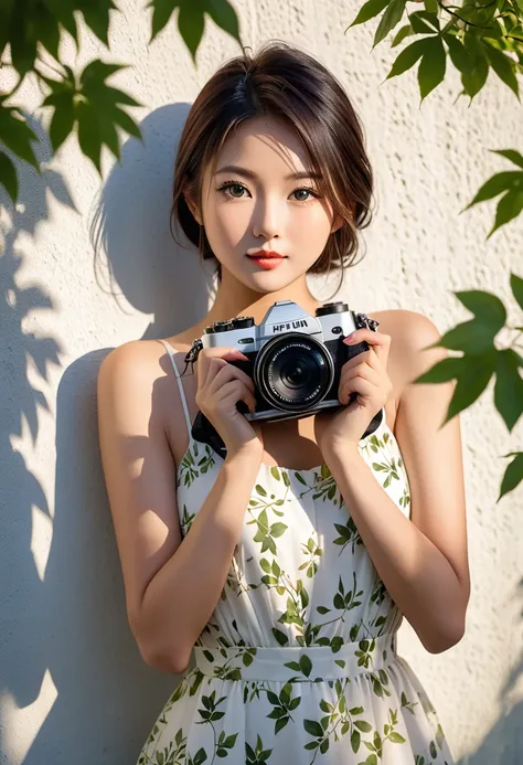 a beautiful Asian woman standing against a wall, holding a Fujifilm camera up to their face, as if taking a photo. They are wearing a light-colored dress. The wall is dappled with sunlight filtering through leaves, creating a pattern of light and shadow. T...