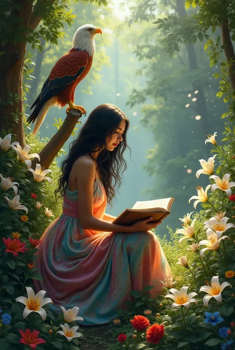 In the middle of a tall forest with many large trees there is a woman sitting on a tree trunk there are many white lilies many red lilies many blue and white flowers Rose has many flowers close to the woman has an eagle the woman is reading a Bible and the...