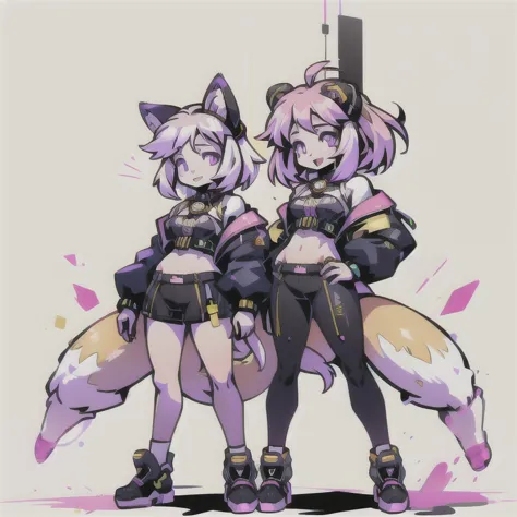 anime-style image of  (((two girls with fox ears and purple eyes ))) and pink and yellow hair with an open mouth,  conceptual ar...