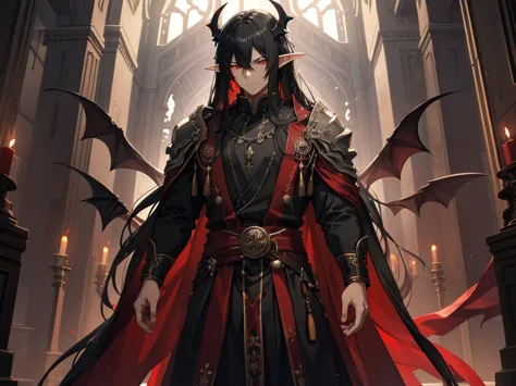 an old man is the demon king,  long black hair, straight hair, brown skin,  long bangs , elf ears, narrow red eyes, smirking fac...