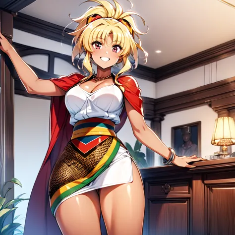 the woman is a beautiful blonde fate testarossa and wears a ghanaian national costume 、((best quality)), ((masterpiece)), ( deta...