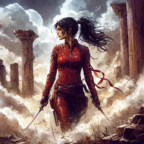 a woman in shiny red leather is holding a sword in front of a city, tight red leather outfit, inspired by magali villeneuve, ale...