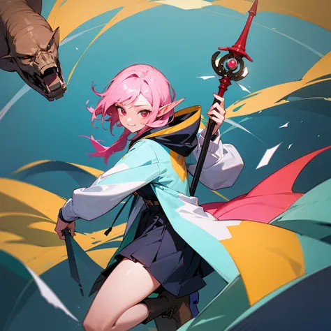 female, elf, wizard, happy, smiling, pail pink hair, red eyes, hoodie, gloves, boots, with a staff, fantasy