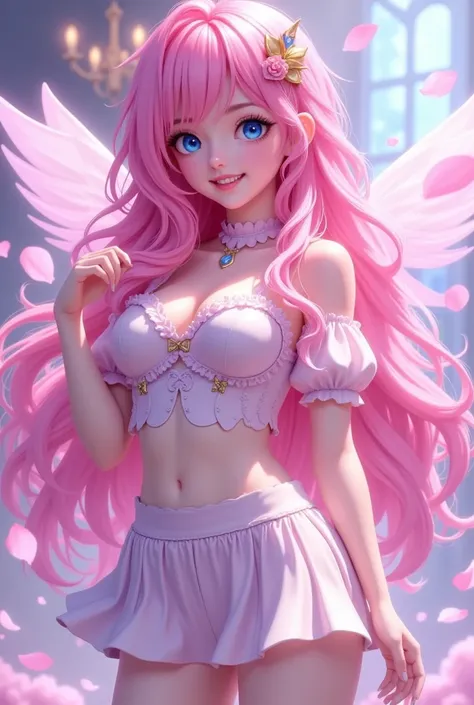 (((  1 Girl，Long pink hair， blue eyes，teeth，lol，)))，，Skin design   ，((Puff sleeve mecha +Short skirt))，   perfect figure  ， Game Light Effects , Soft Light, ， invisible wings，Pink Dream，petal