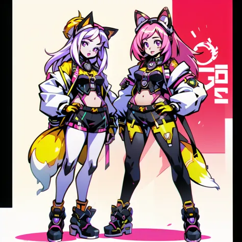 anime-style image of  (((two girls with fox ears and purple eyes ))) and pink and yellow hair with an open mouth,  conceptual ar...