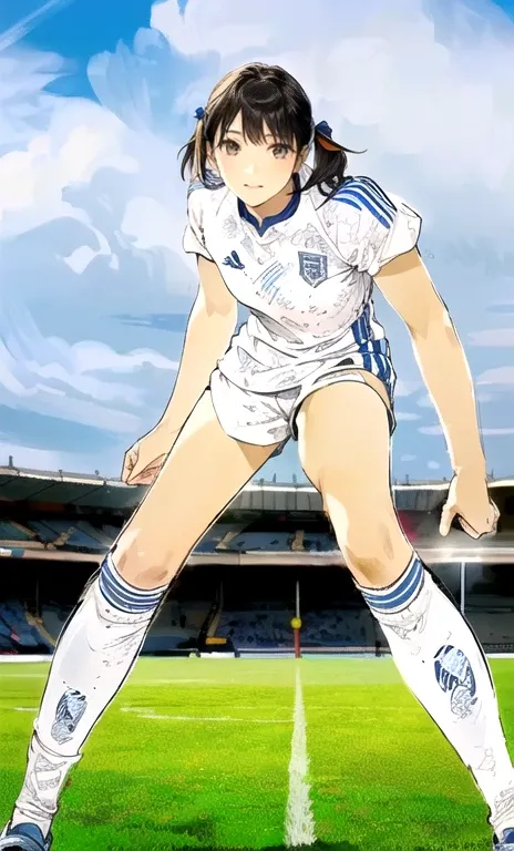 Adidas white long sleeve jersey、Blue soccer shorts、Adidas 3 Stripes、White soccer socks、High resolution, Twin tails, Japanese Idols、cute、beautiful girl、 Knee-Stretched Adidas Soccer Socks、Beautiful figure standing on a soccer field、U high definition、retina、...