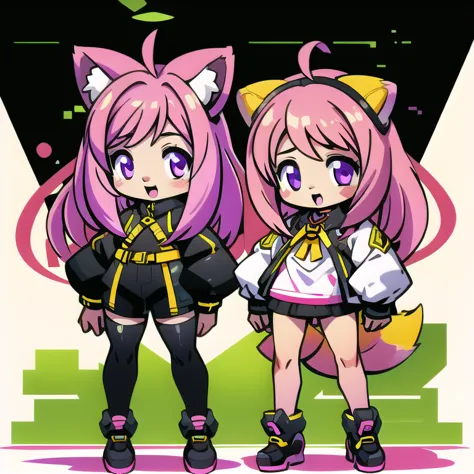 anime-style image of  (((two girls with fox ears and purple eyes ))) and pink and yellow hair with an open mouth,  conceptual ar...