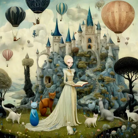 Combination of styles by Mark Ryden, Catrin Welz-Stein, Nicoletta Ceccoli. Stylized figures. Panoramic view. Oil on canvas painting, glossy color, reflectiveAn elegant tall woman in a long, ochre-coloured dress decorated with intricate blue motifs sits on ...