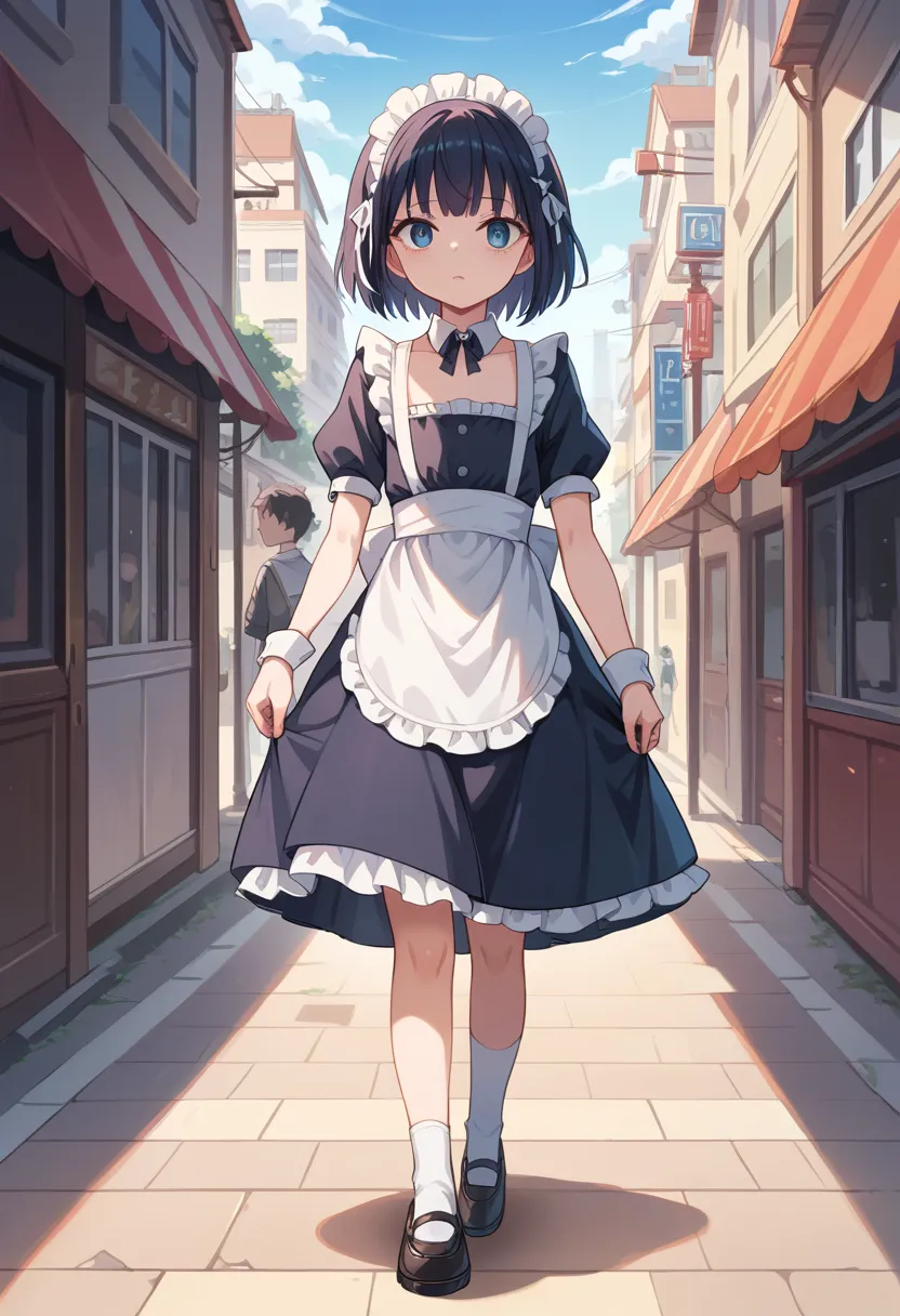 ( surreal), (8k), ( very detailed), (  best illustration  ), ,walking around the city。maid.flat chest。