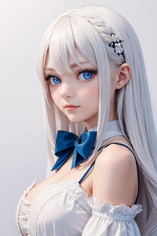 a hyper-realistic image of a beautiful japanese woman with striking long, straight ((white hair)) that cascades over her shoulde...