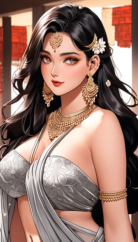 (comic illustration)renowned actress at the age of 28 wearing a provocative silver saree braless, large oversized hoops earrings...