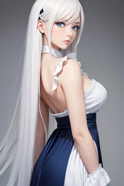 a hyper-realistic image of a beautiful japanese woman with striking long, straight ((white hair)) that cascades over her shoulde...