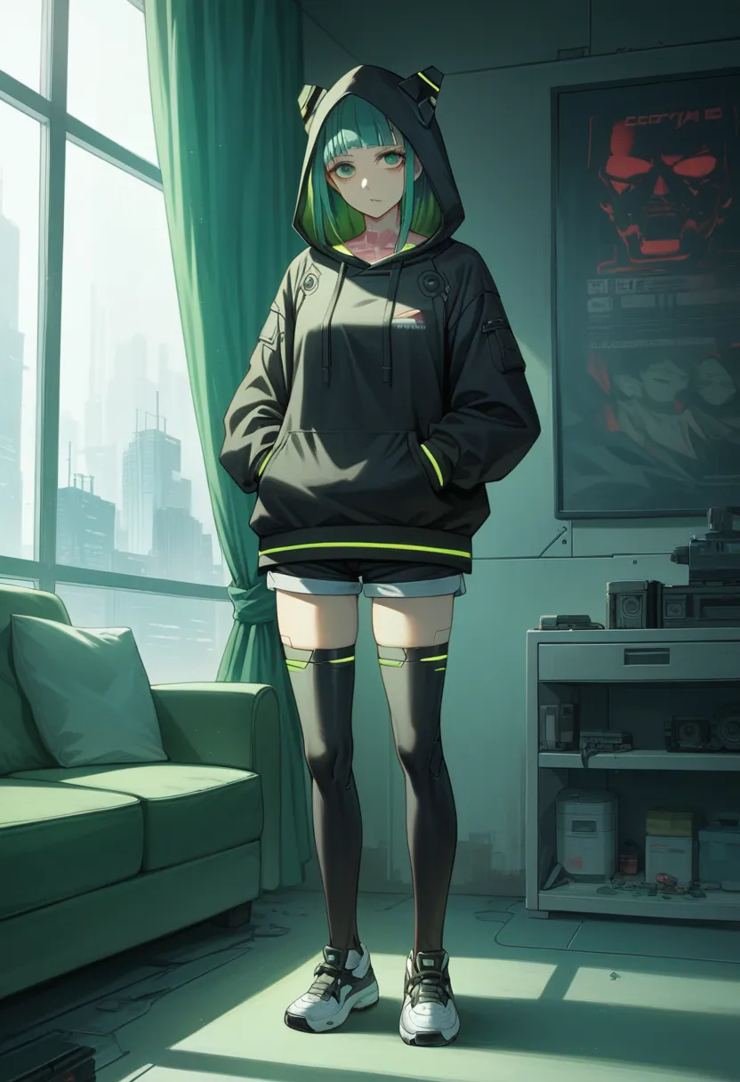 1 woman, green eyes and a black jacket holding a gun, thigh highs, long sleeves, standing, shoes, shorts, black thighs, indoors,...