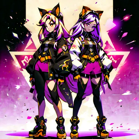 anime-style image of  (((two girls with fox ears and purple eyes ))) and pink and yellow hair with an open mouth,  conceptual ar...