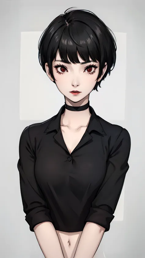 1 girl, very short hair, tomboy pixie haircut, black hair, red eyes, black lipstick, black lipstick, black choker, gray top, fac...