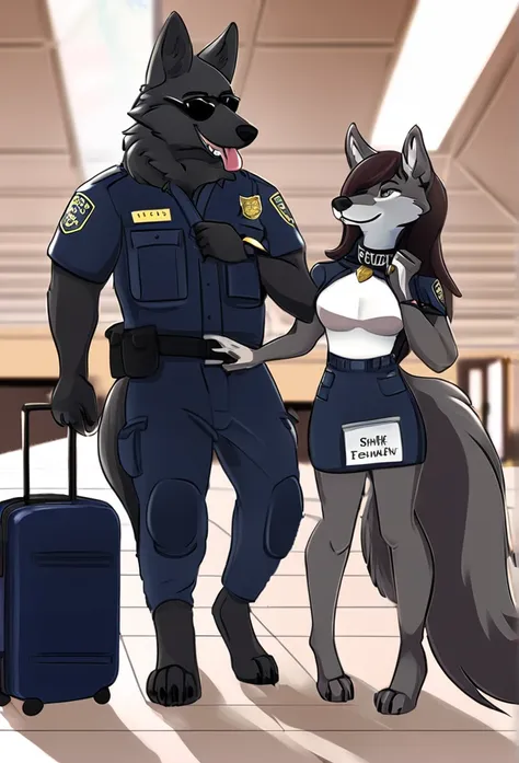 accurate, long hair, adult, furry, anthropomorphic, wolf, wearing a dark airport security cape, sniffs luggage, airport terminal...