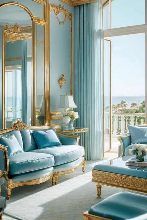 dreamy, luxurious apartment with glossy satin metallic furniture at morning with a view of palm beach. gradient of light blue an...