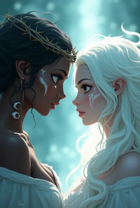 An anime of a black woman with white tribal marks and white hair looking in the eyes of a glowing being with a crown of thorns 