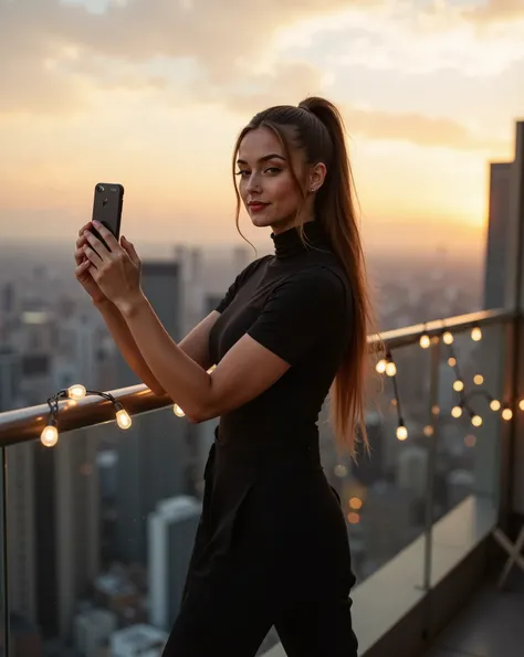 Gaia is stylish young influencer in her late 20s is standing on a rooftop terrace overlooking a bustling cityscape at sunset. She’s dressed in a sleek, minimalist outfit: a fitted black turtleneck, high-waisted trousers, and elegant heels. Her hair is brow...