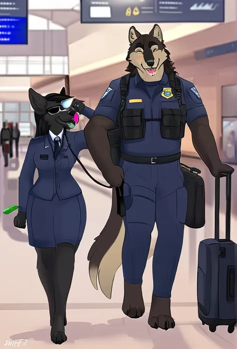 accurate, long hair, adult, furry, anthropomorphic, wolf, wearing a dark airport security cape, sniffs luggage, airport terminal...