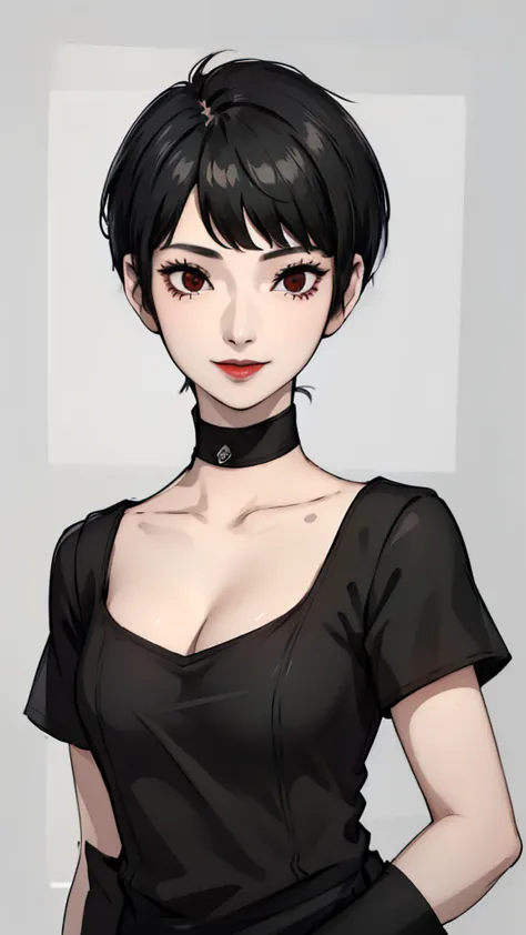 1 girl, very short hair, tomboy pixie haircut, black hair, red eyes, black lipstick, black lipstick, black choker, bandeja , fac...