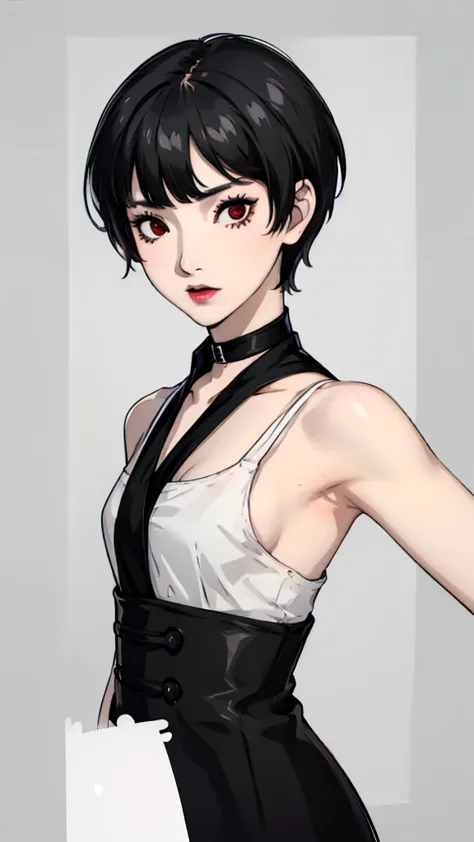 1 girl, very short hair, tomboy pixie haircut, black hair, red eyes, black lipstick, black lipstick, black choker, armpits, shir...