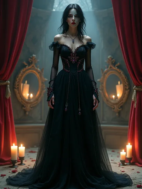 (A beautiful dark mage woman, Selene, graceful and ethereal vampire,long flowing black dress with crimson and amethyst jewels,hypnotic alluring and haunting voice,uncanny ability to shift her appearance,delicate silver mask veils her face,abandoned decayin...