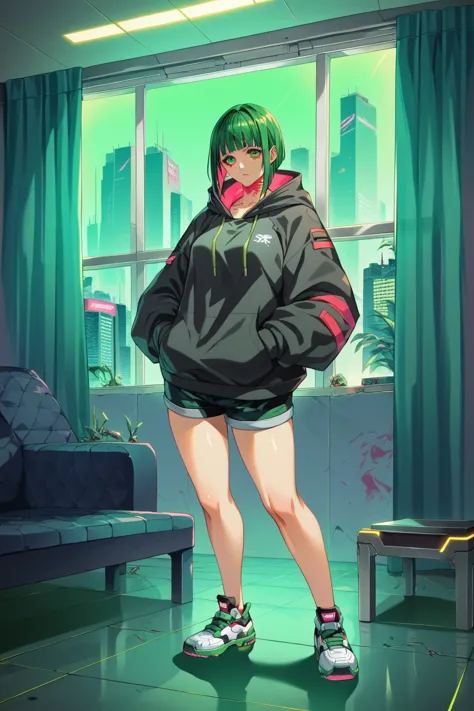 1 woman, green eyes and a black jacket holding a gun, high thighs, long sleeves, standing, shoes, shorts, black thighs, indoors,...