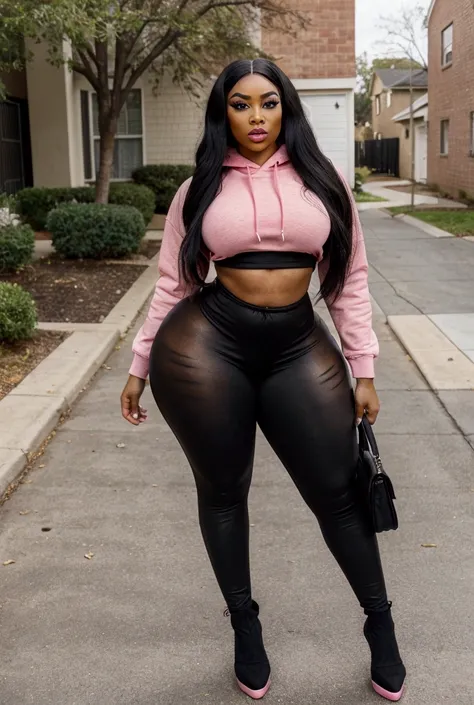 a beautifiul african american women with a very pretty feminine face with makeup on, 26 years old, black straight hair, huge ass, thick thighs, sassy mean face, black leggings, pink hoodie, posing in a neighborhood