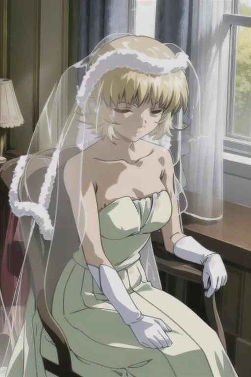 (((Best quality))),((Ultra-detailed)),((illustration)),((Disheveled hair)),((frilld)),(1 girl),(Solo), 1girl,bare shoulders,breasts,bridal veil,bride,cleavage,closed eyes,collarbone,curtains,dress,gloves,indoors,saber,short hair,sitting,solo,strapless,stra...