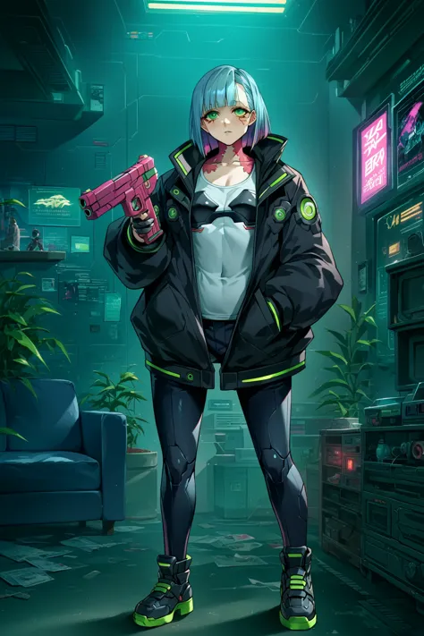 a woman with green eyes and a black jacket holding a gun, anime cyberpunk art, cyberpunk anime girl, best anime 4k konachan wall...