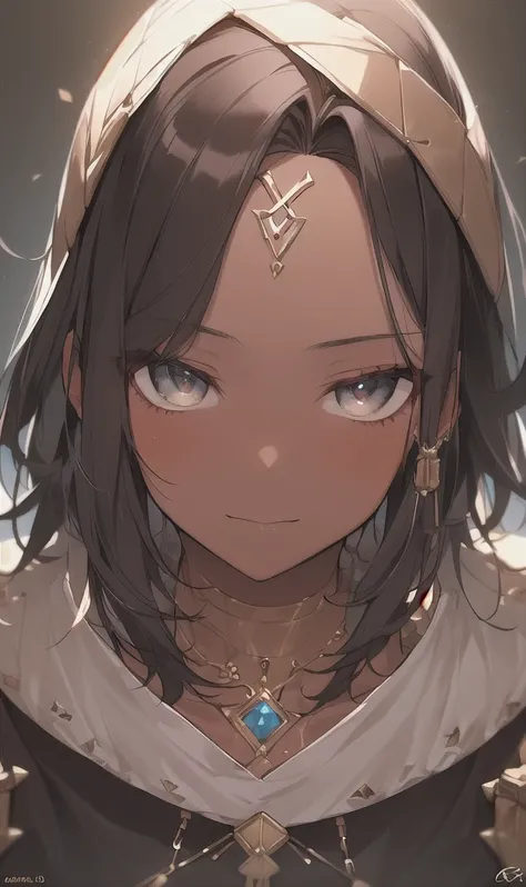 High fantasy bandit, beautiful 20 year old woman, human, dark tan skin, dark hair, dark eyes, high detail, portrait, ruby forehead circlet, fully clothed