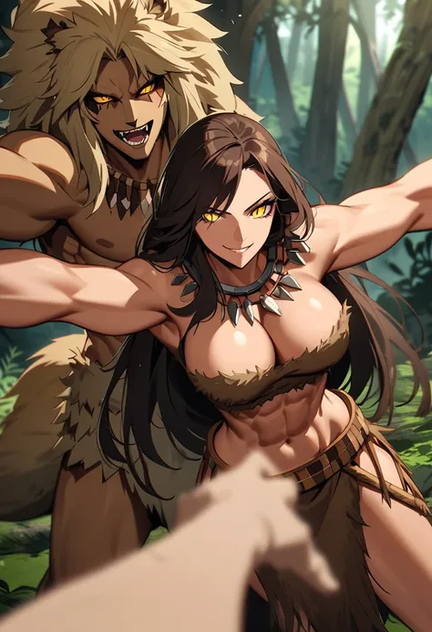 duo, lion woman, very tall, broad shoulders, muscular, bulky body, long hair, cavewoman, prehistoric, large beast claws, large breasts, forest, smile, toned, abs, curvaceous, slit pupils, yellow eyes, barbarian, pelt clothes, leather, satisfied, tribal orn...